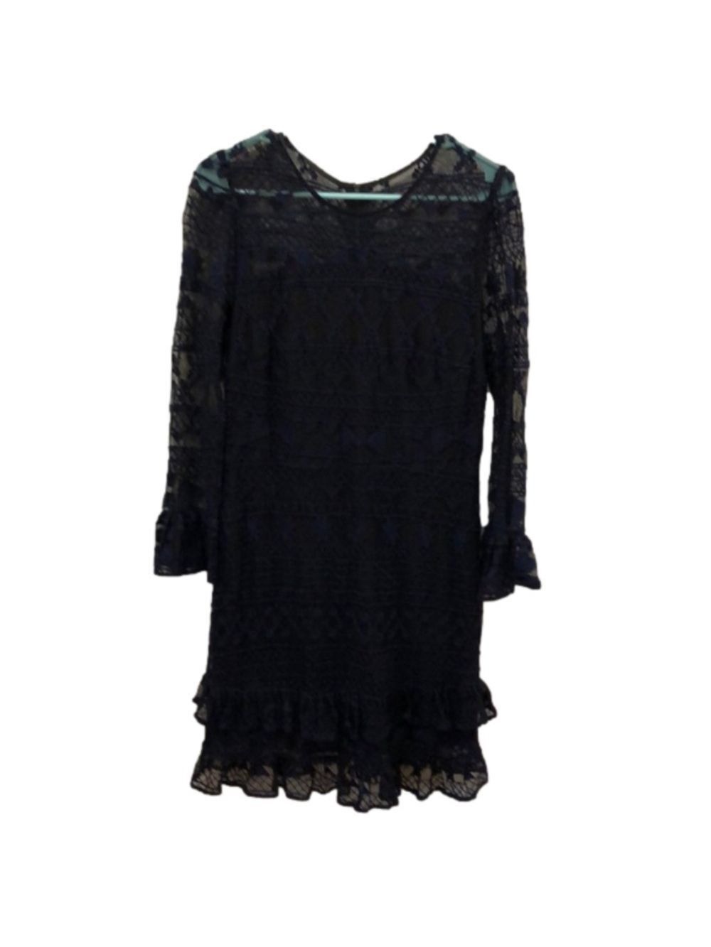 PARKER shift dress with sheer lace neckline and sleeves.  Dark blue and black. L